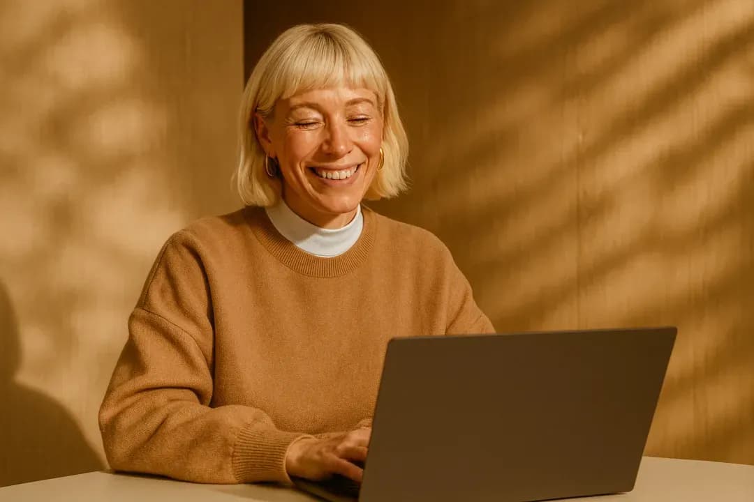 Someone smiling at a laptop in a warmly lit studio.