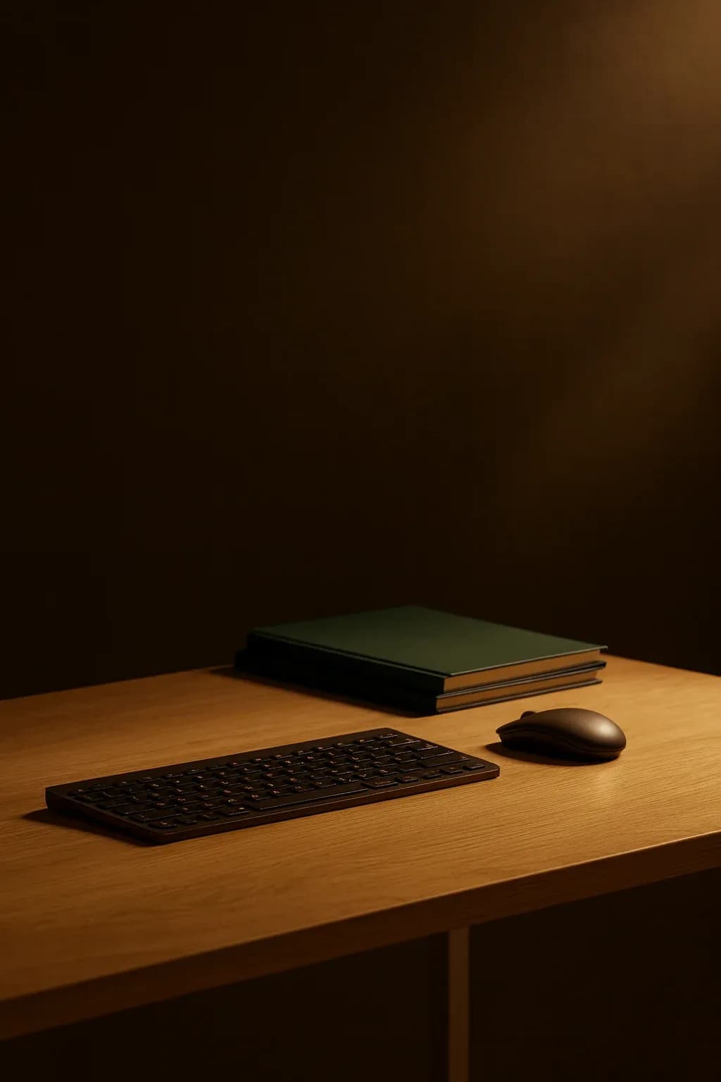 A desk lit by a lamp in the evening, with a laptop open.